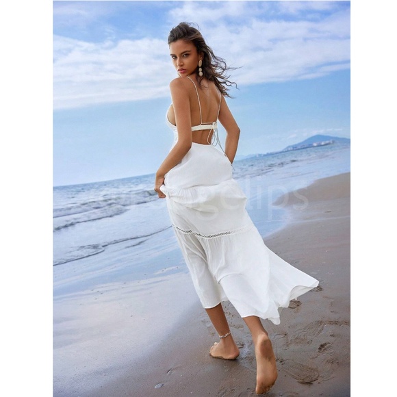 White Maxi Dress V-Neck Open Back Lined Tie Straps - Picture 6 of 9